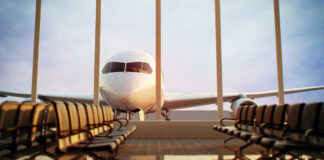 Airplane viewed from an empty airport waiting area.