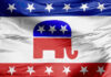 Republican party flag with elephant and stars.