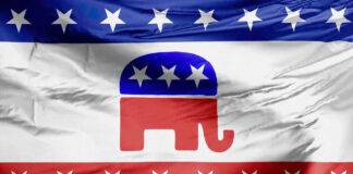 Republican party flag with elephant and stars.