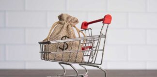A shopping cart with a burlap money bag inside