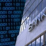 Modern bank building with digital binary code background