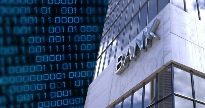 Modern bank building with digital binary code background