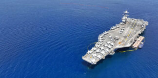 Aircraft carrier on a vast blue ocean