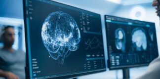 Screens displaying brain scans and data in a medical setting