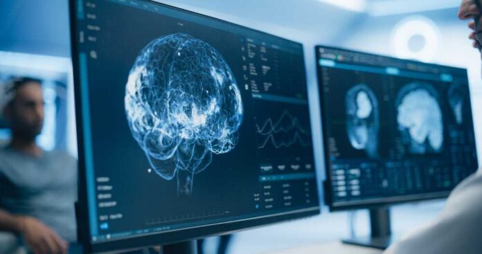 shutterstock_2579142623.jpg Screens displaying brain scans and data in a medical setting