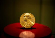 A gold Nobel Prize medal displayed on a red pedestal