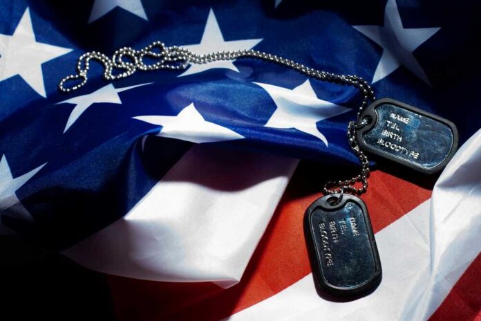 Military dog tags resting on an American flag