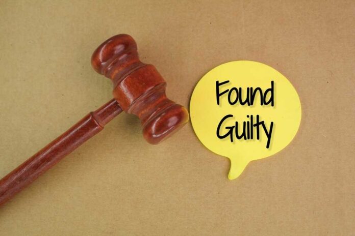 shutterstock_2240713575.jpg A wooden gavel next to a yellow speech bubble that says 'Found Guilty'