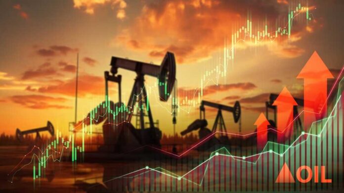 shutterstock_2394913845.jpg Graphical representation of oil prices with oil pumps at sunset
