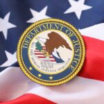 Department of Justice seal on an American flag background