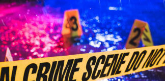 Crime scene tape with blurred evidence markers.