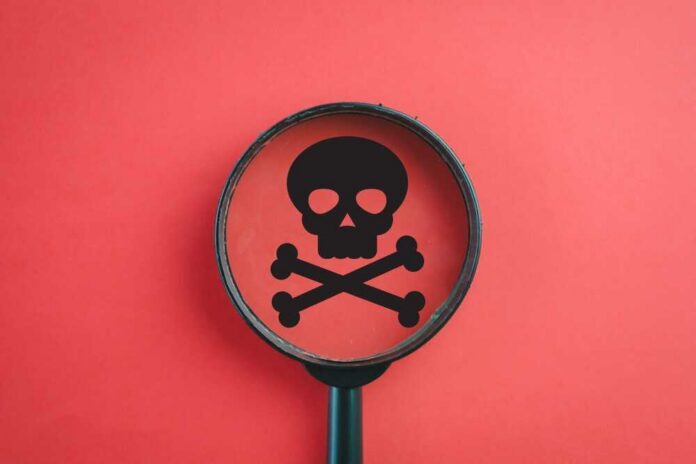 shutterstock_2560320271.jpg Magnifying glass focusing on a skull and crossbones symbol against a red background
