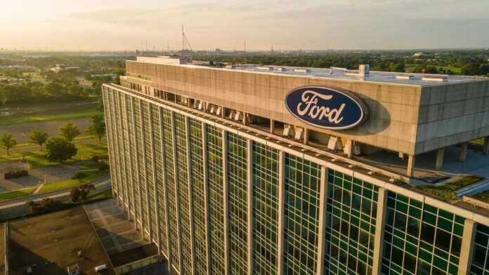 Ford headquarters building aerial view.