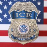 ICE officer badge displayed against an American flag background